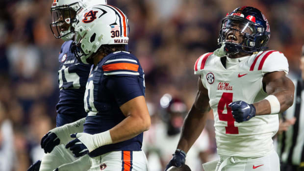 Mississippi Rebels running back Quinshon Judkins (4) celebrates a long run in the first quarter Auburn Tigers take on Mississippi Rebels at Jordan-Hare Stadium in Auburn, Ala., on Saturday, Oct. 21, 2023.